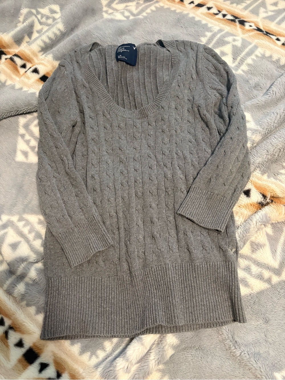 American Eagle Outfitters Gray Cable-Knit Scoop Neck Sweater